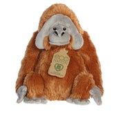 Eco Hugs Orangutan by Aurora, with rich amber fur, a gentle gaze, and a hang tag for its eco-friendly, recycled origins.